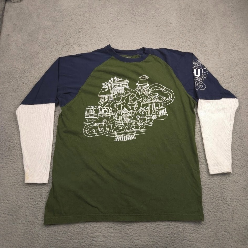 Ecko Unltd Layered Long Sleeve Shirt Mens 1X Green Blue Graphic Streetwear EUC